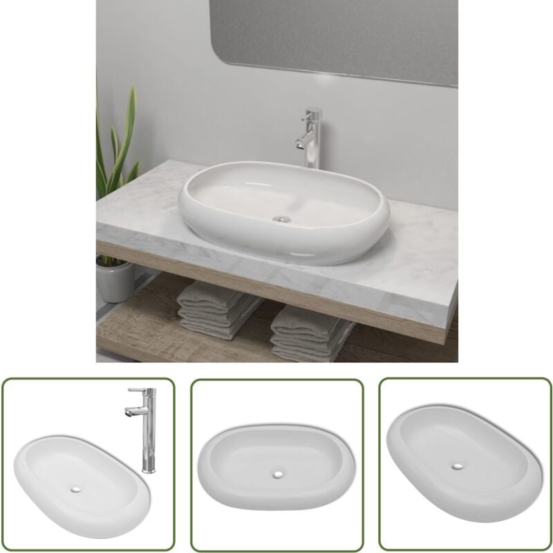 The Living Store - Bad-Waschbecken mit Mischbatterie Keramik Oval Weiß - Waschbecken - Keramik - Oval - Weißes Waschbecken - Badezimmerarmature