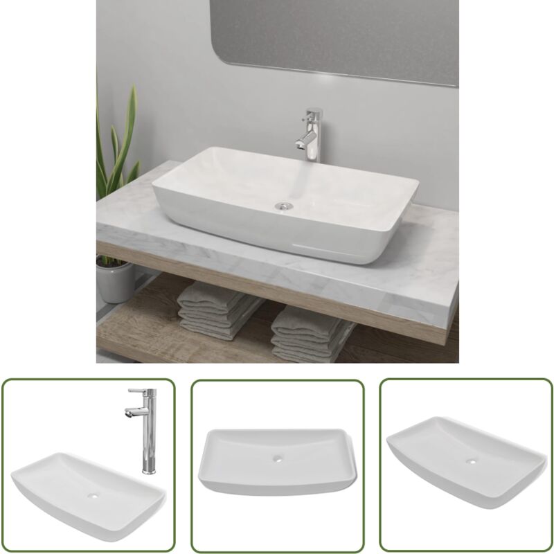 The Living Store Bad-Waschbecken mit Mischbatterie Keramik Rechteckig Weiß - Waschbecken - Keramik Waschen - Badezimmerarmature - Armatur