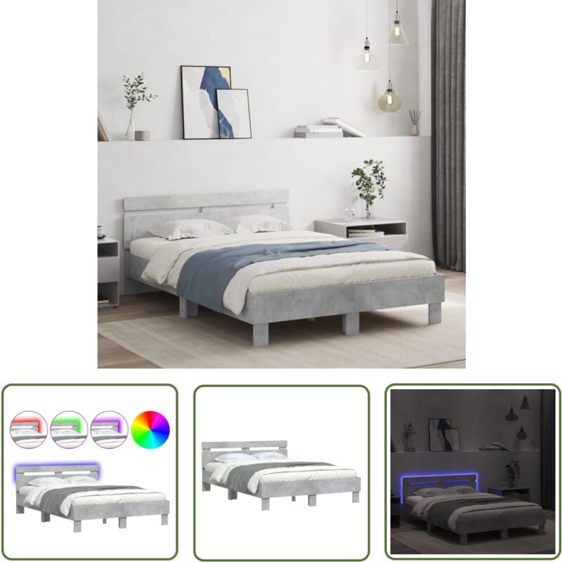 The Living Store - Bettgestell mit Kopfteil LED-Beleuchtung Betongrau 135x190 cm - Beton Grau - Holzrahmen - Lattenrost - Doppelbett - Beleuchtung