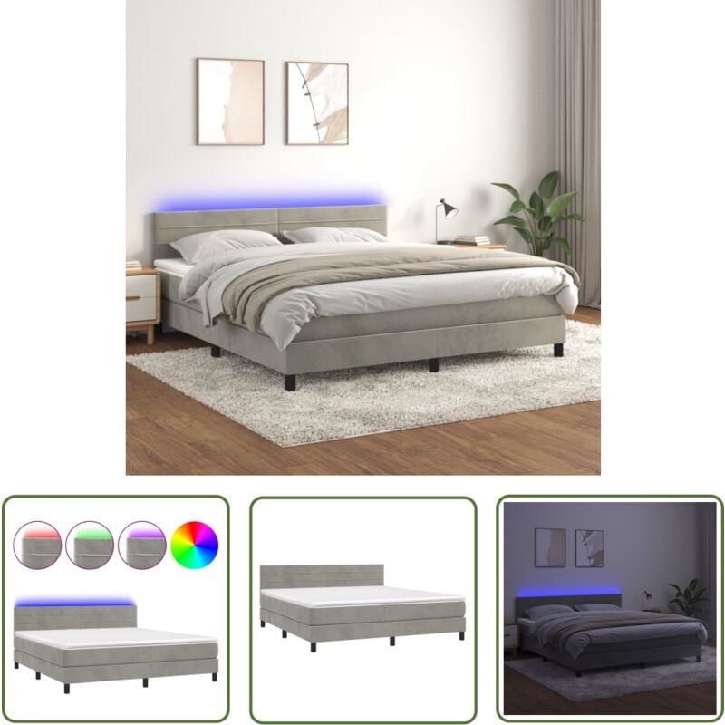 The Living Store - Boxspringbett mit Matratze & led Hellgrau 180x200 cm Samt - Boxspringbett - Samtbett - Doppelbett - led Beleuchtung - Matratze