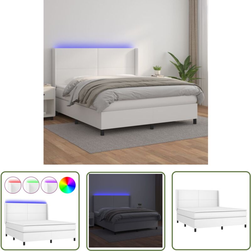 Boxspringbett mit Matratze & led Weiß 180x200 cm Kunstleder - Boxspringbett - Doppelbett - Bettenrahmen - Lederbettwäsche - Luxusbett - The Living
