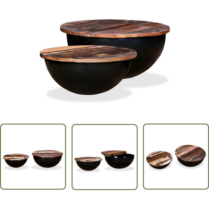 The Living Store - Couchtisch-Set 2tlg. Altholz Massiv Schwarz Schüsselform - Holz Couchtisch - Industriel Style - Altholz Tisch - Couchtisch Set