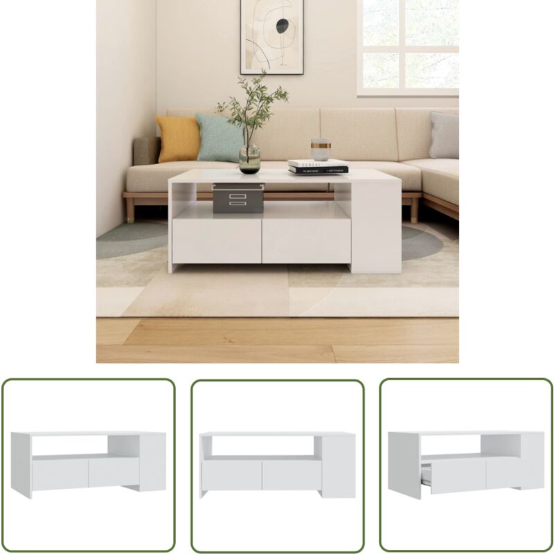 The Living Store Couchtisch Weiß 102x55x42 cm Holzwerkstoff - Couchtisch - Wohnzimmertisch - Holzt Tisch - Weißer Couchtisch - Stauraum