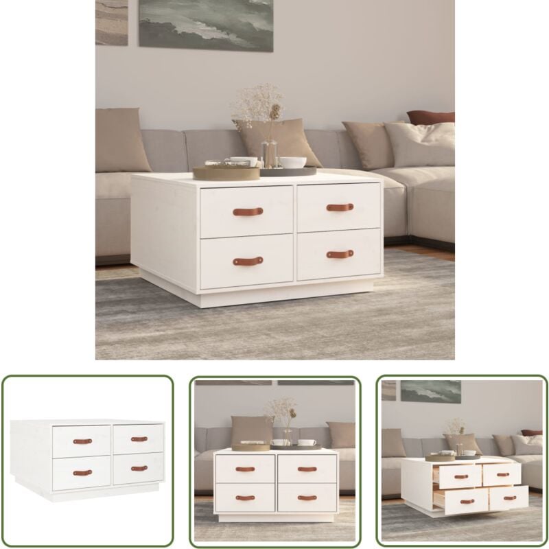 The Living Store - Couchtisch Weiß 80x80x45 cm Massivholz Kiefer - Holz Couchtisch - Kiefernholz Couchtisch - Weißer Couchtisch - Wohnzimmertisch