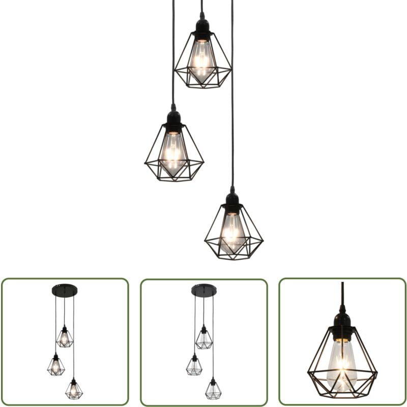 The Living Store - Deckenleuchte mit Diamant-Design Schwarz 3 x E27 Glühbirnen - Metalldeckeleuchte - Schwarze Deckenleuchte - Designer Deckenleuchte