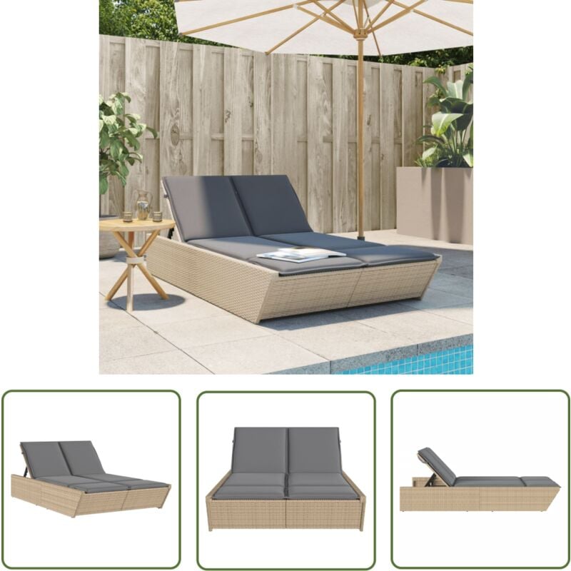 The Living Store Doppel-Sonnenliege mit Auflagen Beige Poly Rattan - Doppelsonneliege - Gartenliege - Liege - Outdoor Liege - Relaxliege
