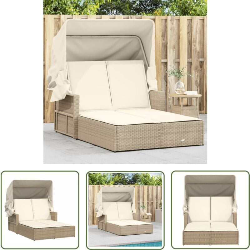 Doppel-Sonnenliege mit Dach und Auflagen Beige Poly Rattan - Doppelsonneliege - Liege - Gartenmöbel - Outdoormöbel - Relax Liege - The Living Store