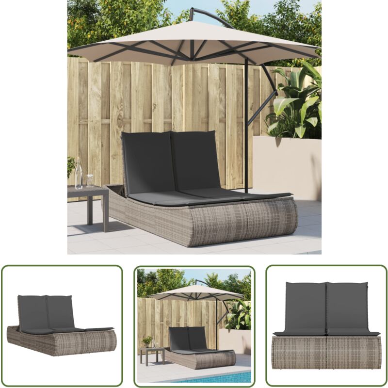 Doppel-Sonnenliege mit Kissen Grau Poly Rattan - Doppelsonneliege - Gartenliege - Liege - Outdoor Liege - Relaxliege - The Living Store