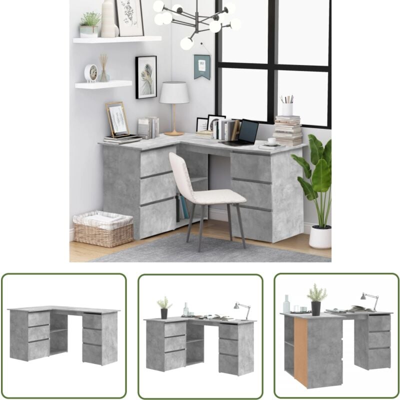 Devenirriche - The Living Store Eckschreibtisch Betongrau 145x100x76 cm Holzwerkstoff - Eckschreibtisch - Schreibtisch Grau - Bürostuhl - Home Office