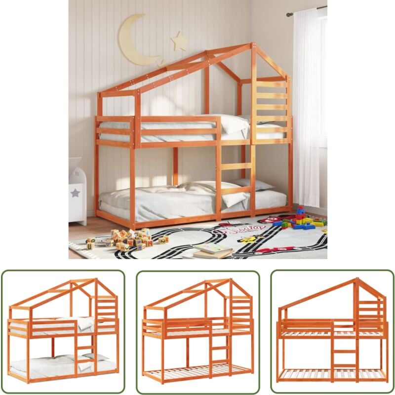 The Living Store - Etagenbett mit Dach Wachsbraun 80x200 cm Massivholz Kiefer - Etagenbett - Kinderbett - Holzbett - Kiefernholzbett - Jugendzimmer