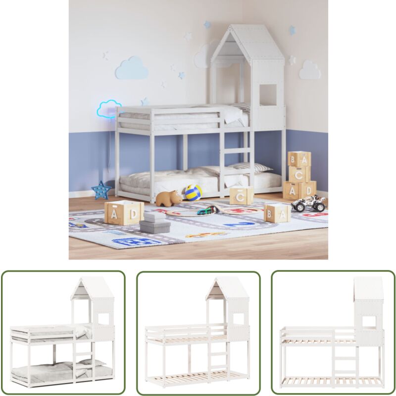 The Living Store - Etagenbett mit Dach Weiß 90x190 cm Massivholz Kiefer - Kinderbett - Jugendbett - Etagenbett - Hochbett - Holzbett