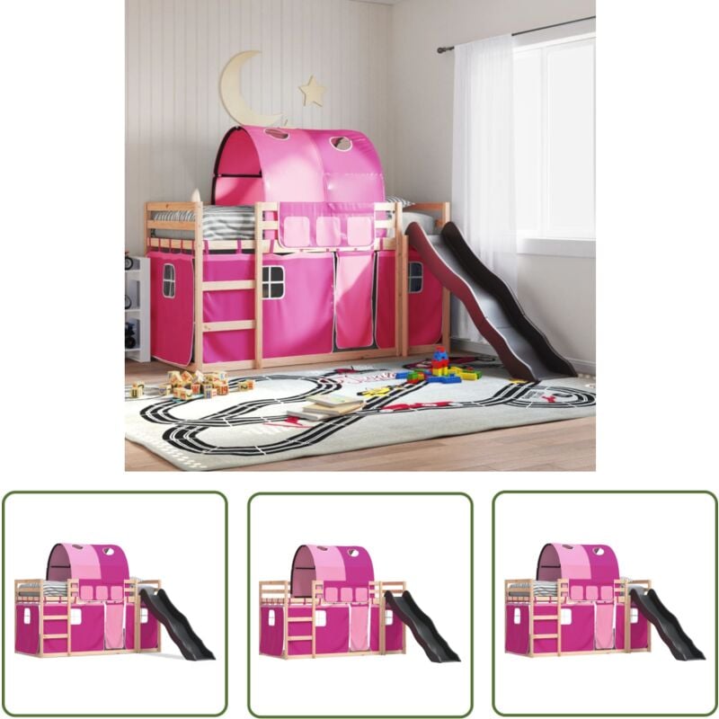 The Living Store - Etagenbett mit Rutsche und Gardinen Rosa 90x190 cm - Etagenbett - Hochbett - Kinderbett - Kiefernholz - Holzbett