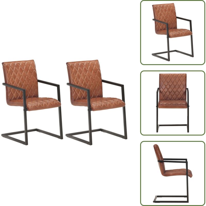 The Living Store Freischwinger 2 Stk. Braun Echtleder - Esszimmerstuhl - Leder Sessel - Freistehender Stuhl - Vintage Stuhl - Designer Stuhl