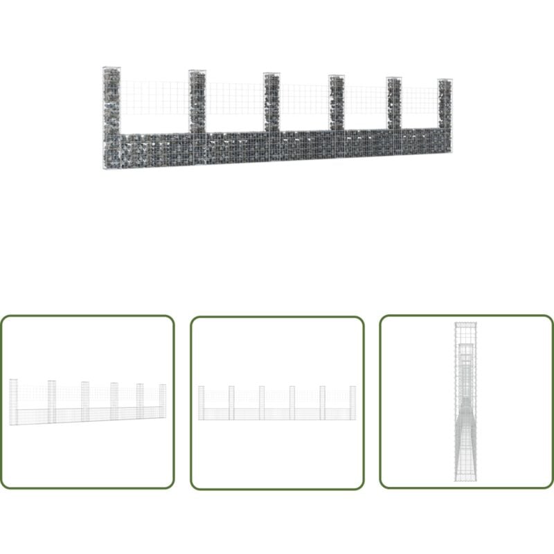 The Living Store - Gabionenkorb U-Form mit 6 Säulen Eisen 620x20x150 cm - Gabionenkorb - Gabione - Gartenzaun - Staketenzaun - Begrenzungszaun