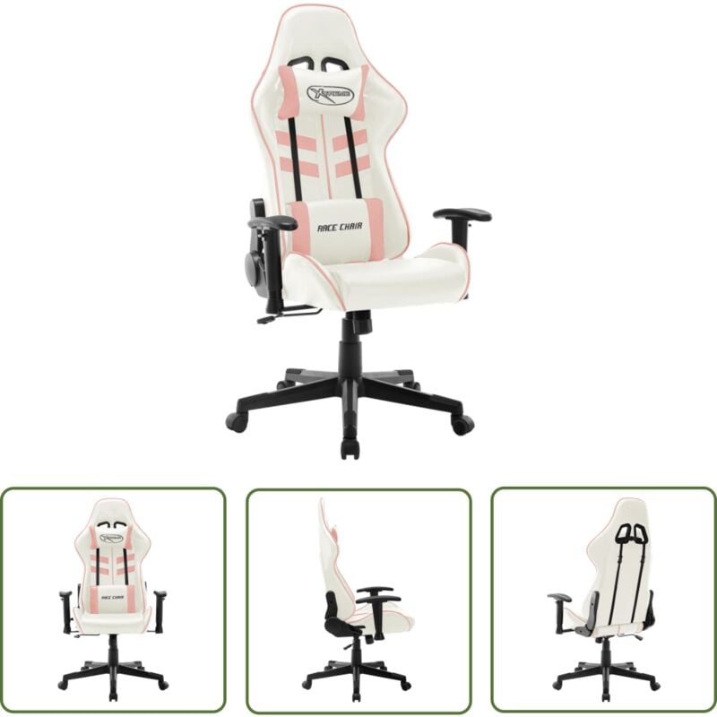 The Living Store - Gaming-Stuhl Weiß und Rosa Kunstleder - Gaming Stuhl - Gamer Chair - Bürostuhl - pc Stuhl - Ergonomischer Stuhl