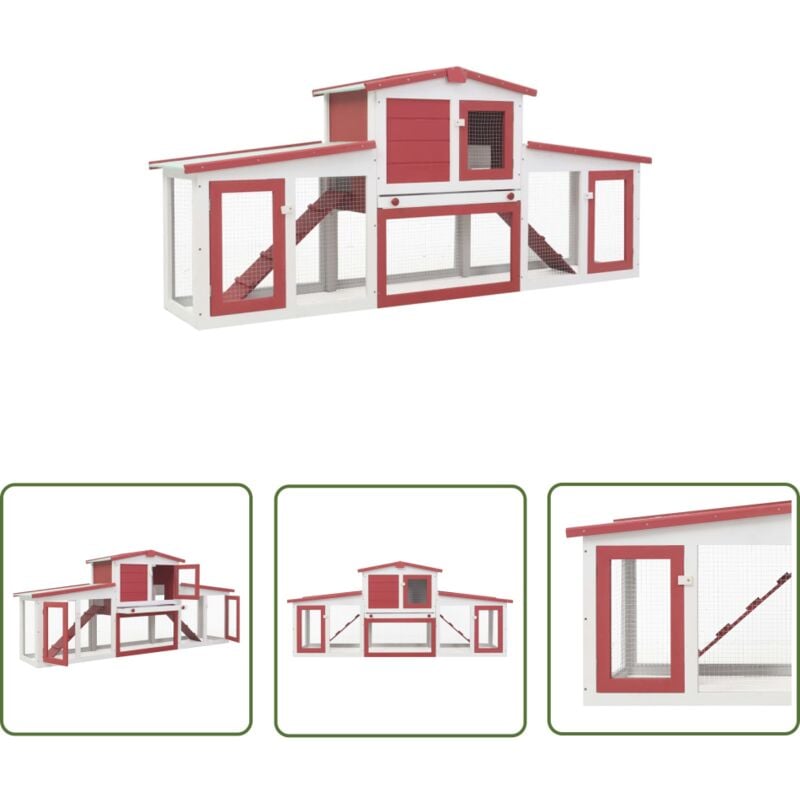The Living Store Großer Kaninchenstall Rot und Weiß 204x45x85 cm Holz - Holzhaus - Kaninchendrahtgehege - Tierheim - Kleintiere - Käfig