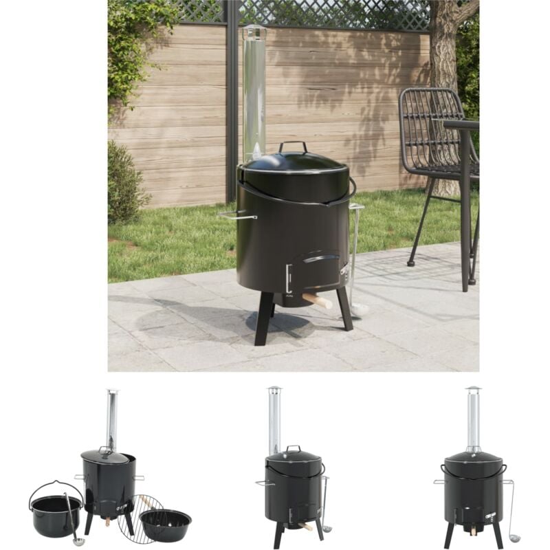 The Living Store - Gulaschkanone mit Rauchabzug & Deckel Schwarz Stahl Emailliert - Grills - Schwarz