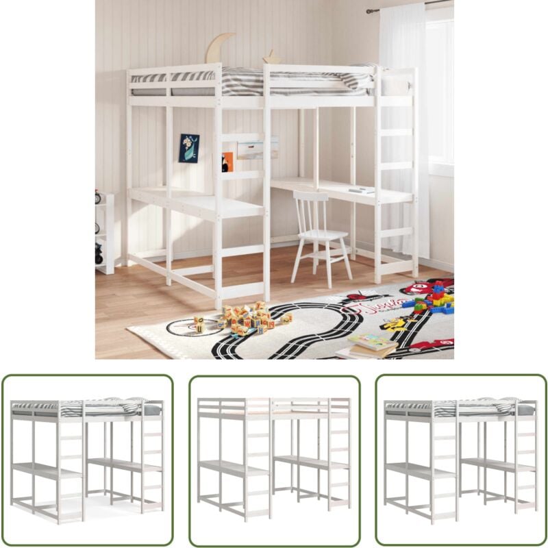 Hochbett mit Schreibtisch & Leiter Weiß 180x200 cm Kiefernholz - Holzbett - Hochbett - Kinderzimmer - Jugendzimmer - Schlafzimmerschrank - The Living