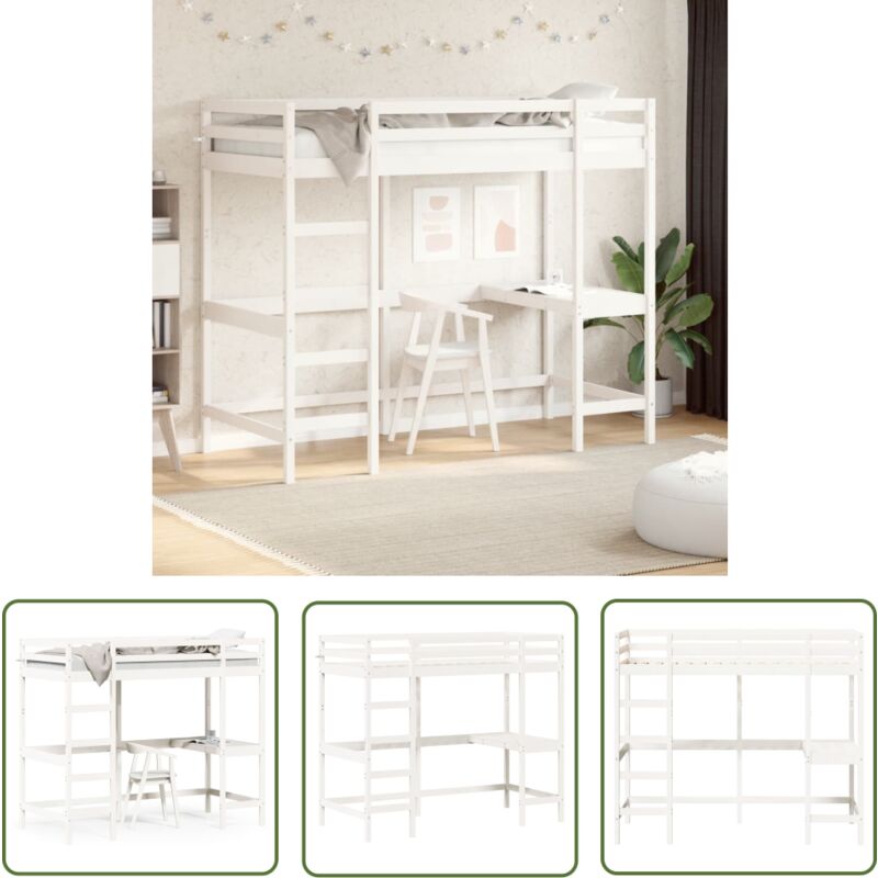 The Living Store - Hochbett mit Schreibtisch Weiß 90x200 cm Massivholz Kiefer - Hochbett - Jugendzimmer - Schreibtischbett - Kinderbett - Kiefernholz