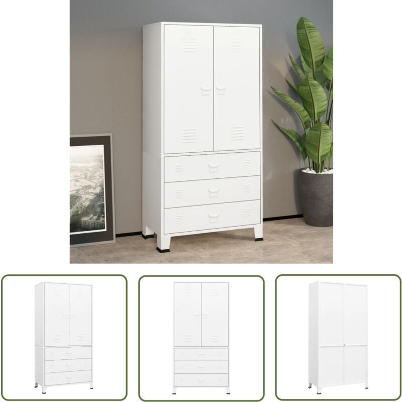 The Living Store Industrial Kleiderschrank Weiß 90x50x180 cm Metall - Industrieller Kleiderschrank - Metallschrank - Garderobe - Schuhregal - Weiße