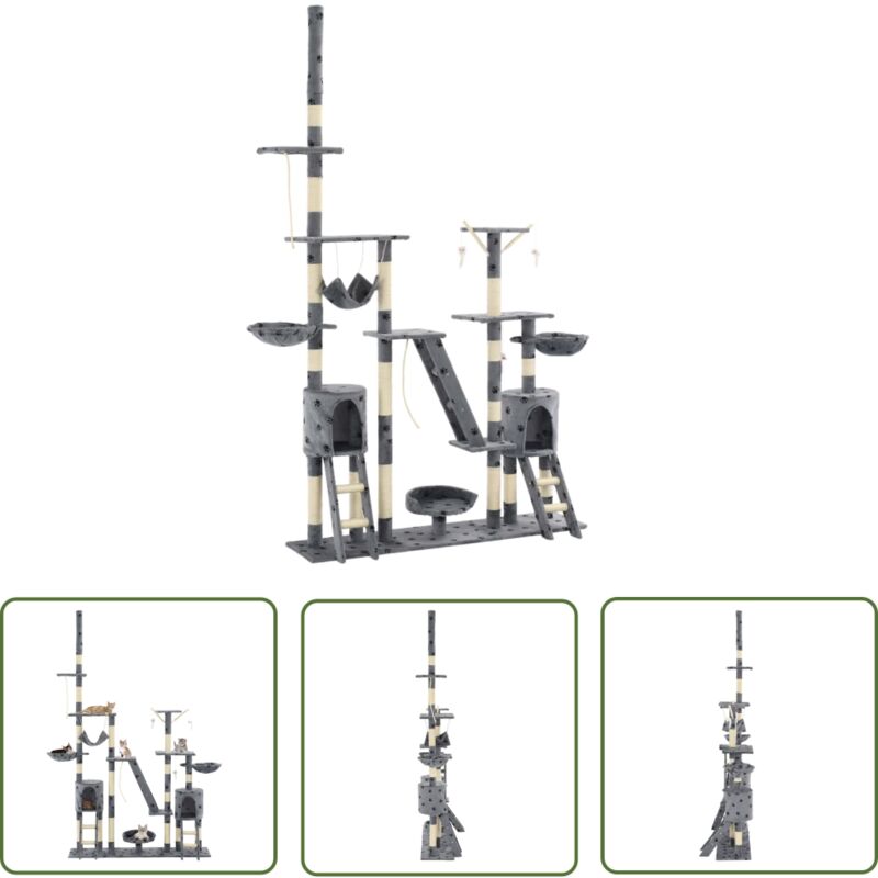 The Living Store - Katzen-Kratzbaum Sisal 230-250 cm Pfoten-Aufdruck Grau - Katzen Kratzbaum - Katzenmöbel - Sisalkratzbaum - Mehrstöckiger