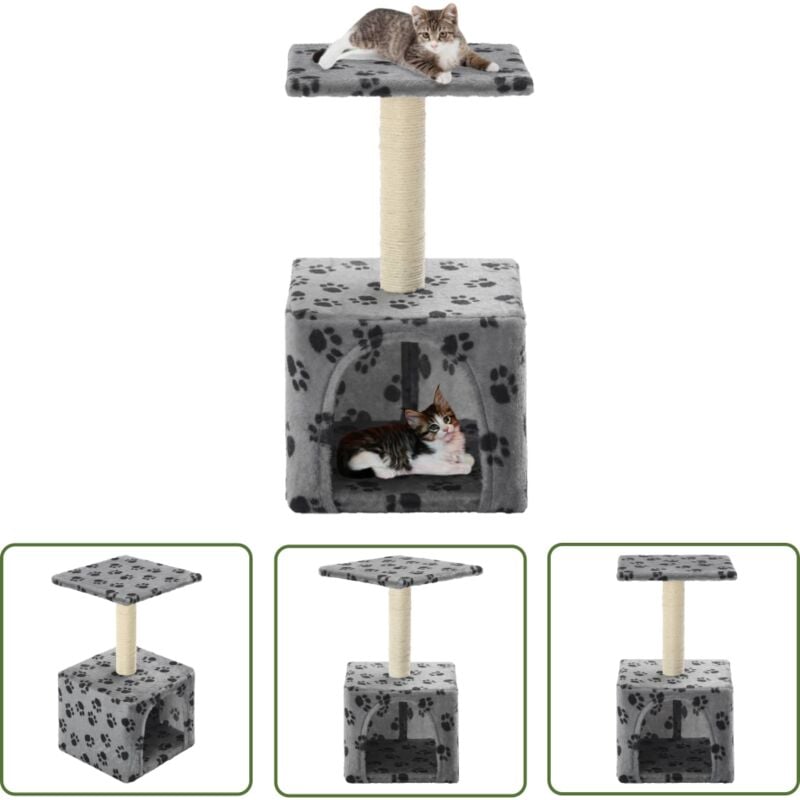 The Living Store - Katzen-Kratzbaum Sisal 55 cm Grau Pfoten-Aufdruck - Katzen Kratzbaum - Sisal Kratzbaum - Katzenmöbel - Katzenhaus - Spielplatz