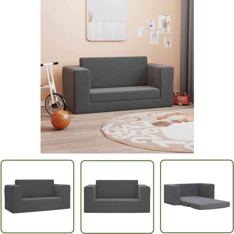 Kinder-Schlafsofa 2-Sitzer Anthrazit Weicher Plüsch - Kinder Couch - Kinder Sofa - Schlafsofa - Kuschelbett - Spielplatz - The Living Store