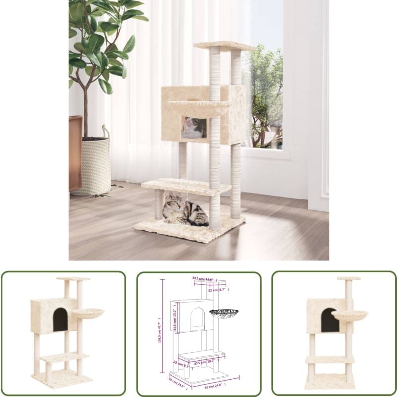 The Living Store - Kratzbaum mit Sisal-Kratzsäulen Creme 108,5 cm - Katzen Kratzbaum - Sisalkratzbaum - Katzenmöbel - Katzenturm - Spielplatz Katze