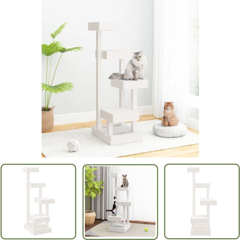 The Living Store Kratzbaum Weiß 45,5x49x103 cm Massivholz Kiefer - Katzen Kratzbaum - Katzenturm - Katzenmöbel - Kiefernholzkatzenturm - Massiver