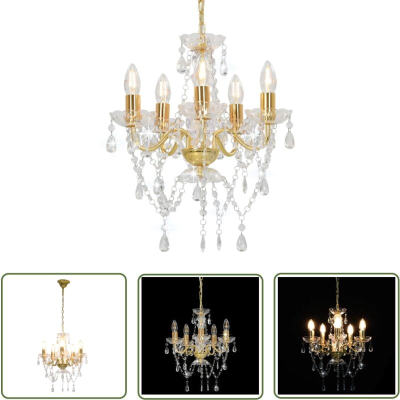 The Living Store Kronleuchter mit Perlen Golden Rund 5×E14 - Kronleuchter - Pendelleuchte - Wohnzimmer Deko - LED Lampe - Designer Lampe