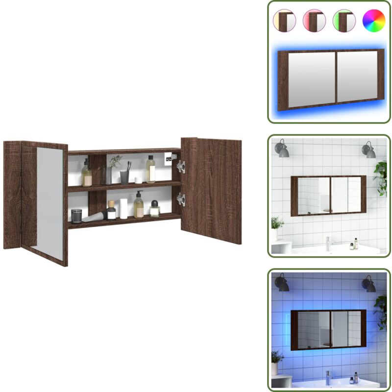 The Living Store - LED-Spiegelschrank Braun Eichen-Optik 100x12x45 cm - LED-Spiegelschrank - Badezimmerspiegel - Holzwerkstoffschrank - rgb