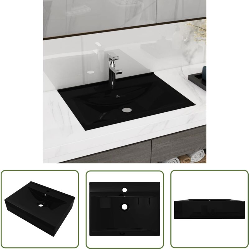 The Living Store - Luxus-Waschbecken Keramik Rechteckig Schwarz mit Hahnloch 60x46 cm - Schwarzes Waschbecken - Keramisches Waschbecken