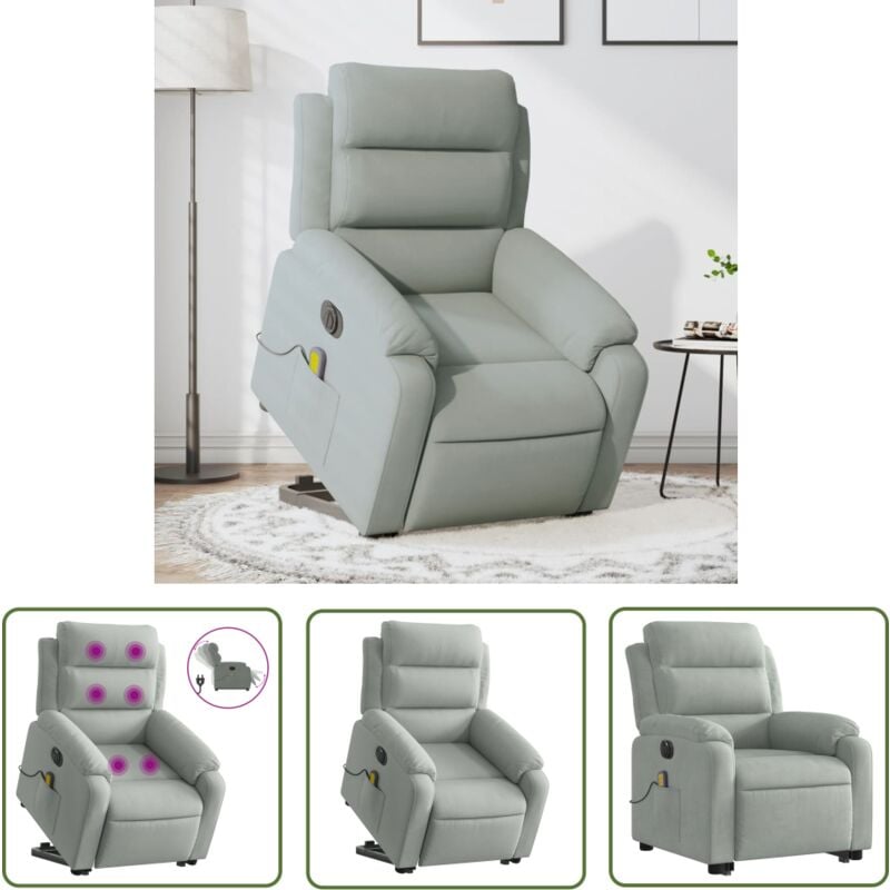 Massagesessel mit Aufstehhilfe Elektrisch Hellgrau Samt - Elektrischer Massagesessel - Relaxsessel - Fernsehsessel - Beistelltisch - Lounge Chair