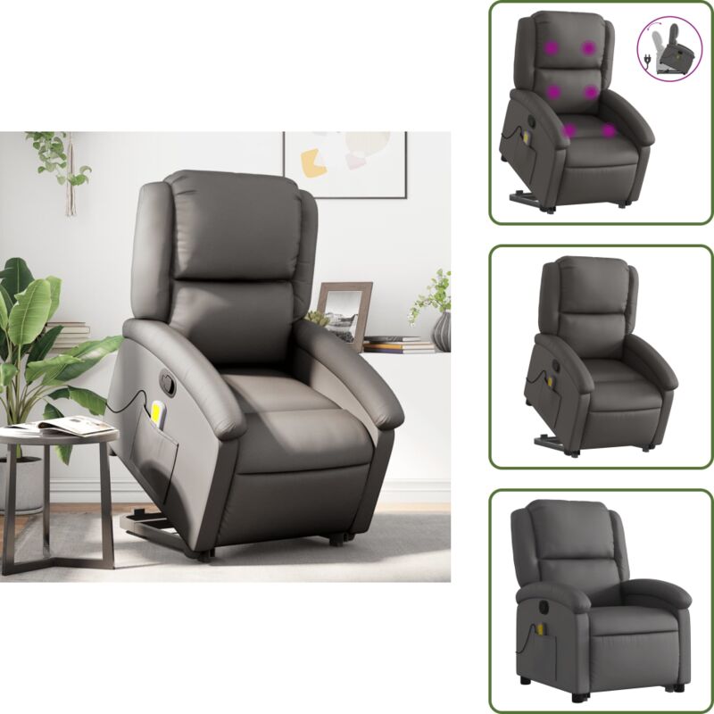 The Living Store Massagesessel mit Aufstehhilfe Grau Echtleder - Massage Sessel - Elektrischer Lift - Ledersessel - Fernsehsessel - Relax Sessel