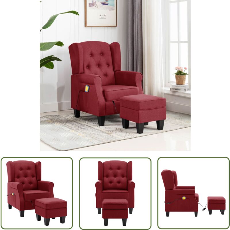 The Living Store Massagesessel mit Hocker Weinrot Stoff - Massagestuhl - Elektrischer Massagesessel - Sitzmassage - Wellnessstuhl - Entspannungssitz