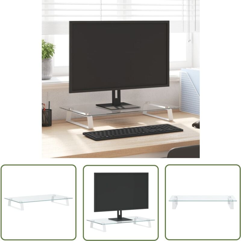 The Living Store - Monitorständer Weiß 60x35x8 cm Hartglas und Metall - Monitorständer - Computerständer - Laptopständer - Bürobedarf - Ergonomie