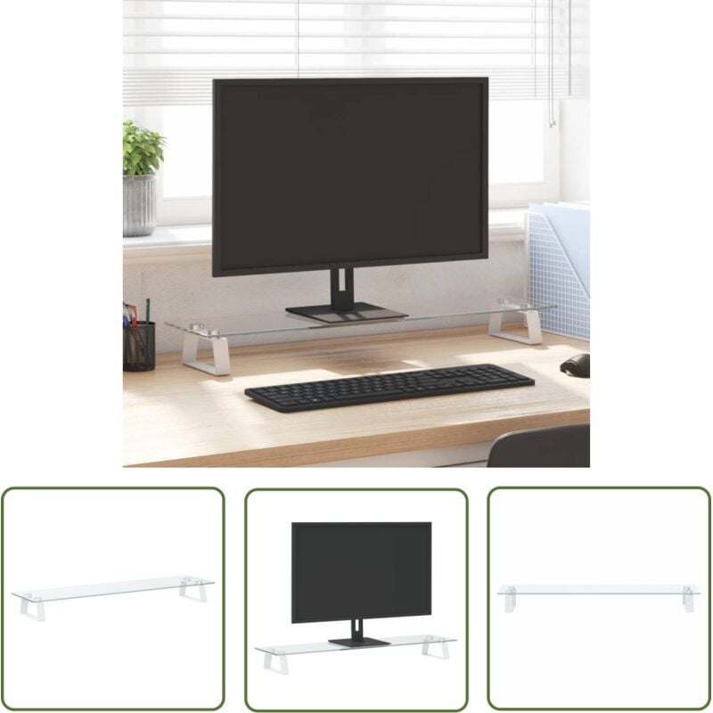 The Living Store - Monitorständer Weiß 80x20x8 cm Hartglas und Metall - Monitorständer - Computerständer - Laptopständer - Bürobedarf - Ergonomie