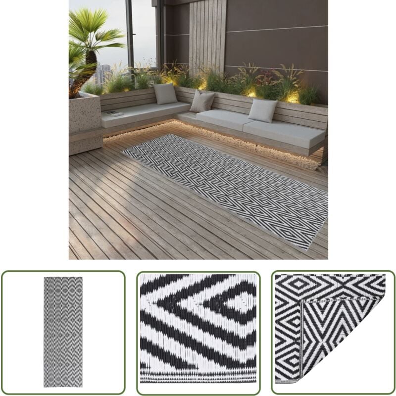 The Living Store - Outdoor-Teppich arakil Schwarz 80x250 cm pp - Outdoor-Teppich - Garten-Teppich - Terrassenteppich - Schwarz - Jacquard Muster