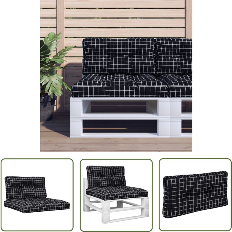 The Living Store - Palettenkissen 2-tlg. Schwarz Karomuster Stoff - Sitzkissen - Gartenkissen - Balkonkissen - Rattan Möbel - Polstersitz