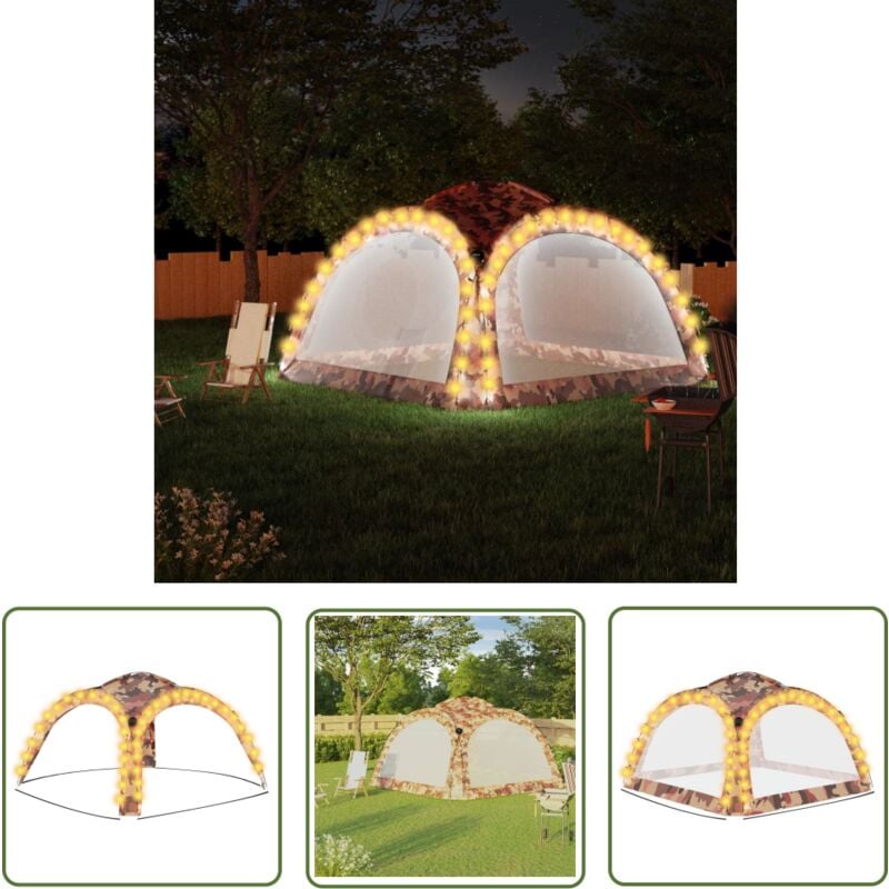Partyzelt mit led und 4 Seitenwänden 3,6x3,6x2,3 m Tarnfarben - Campingzelt - Partyzelt - Gartenzelt - Sonnenschutz - Überdachung - The Living Store