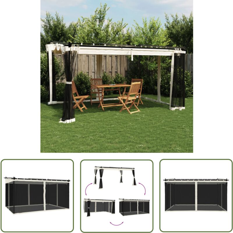 Pavillon mit Netzwänden Creme 4x3 m Stahl - Gartenzauber - Outdoor Pavillon - Sommergarten - Markise - Grillplatz - The Living Store