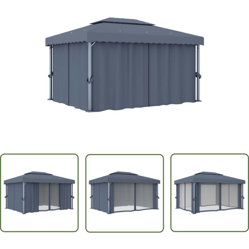 Pavillon mit Vorhang 4x3 m Anthrazit Aluminium - Gartenzelt - Partyzelt - Pavillon - Outdoor Möbel - Sonnenschutz - The Living Store