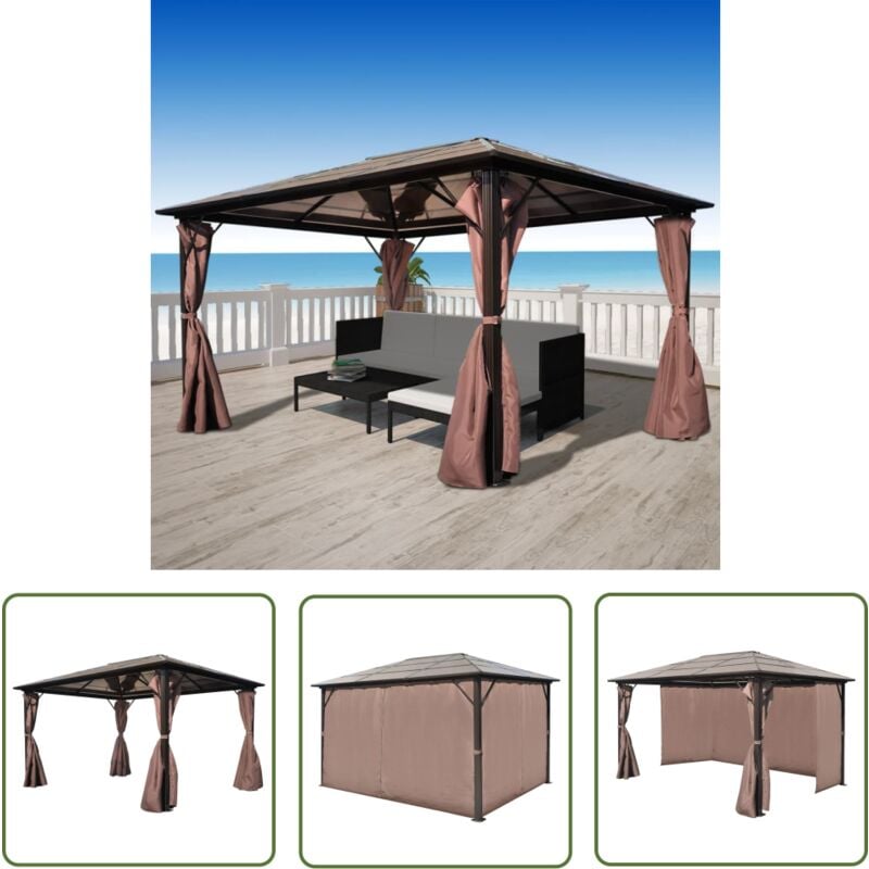 Pavillon mit Vorhängen Braun Aluminium 400 x 300 cm - Pavillon - Gartenpavillon - Aluminium Pavillon - Sommerhaus - Außenbereich - The Living Store
