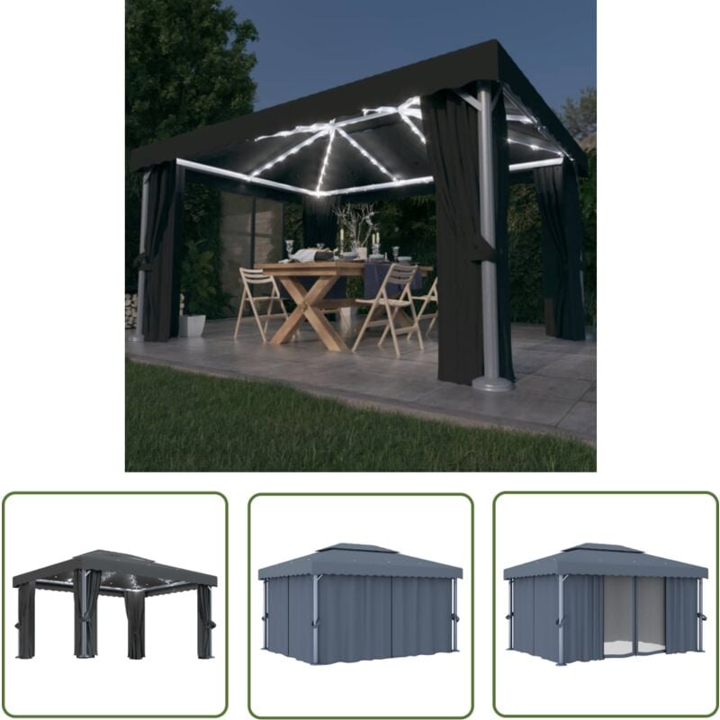 Pavillon mit Vorhängen & LED-Lichterkette 4x3 m Anthrazit - Gartenpavillon - Pavillon - Outdoor Möbel - Sonnenschutz - Gartendekoration - The Living