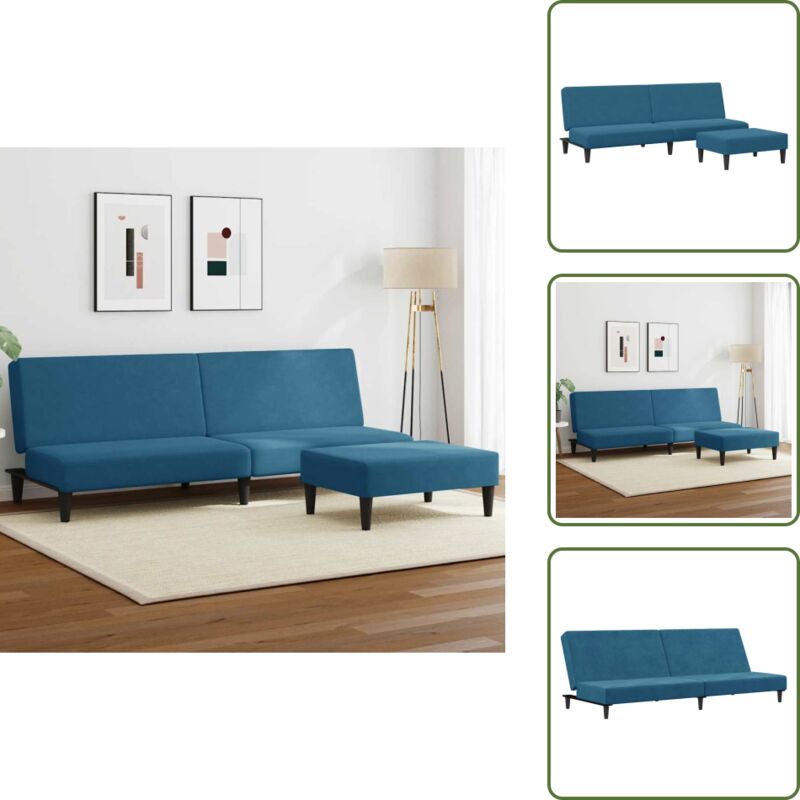 The Living Store - Schlafsofa 2-Sitzer mit Fußhocker Blau Samt - Samtsofa - Schlafsofa - Sofa Mit Betfunktion - Gästebett - Wohnraumgestaltung