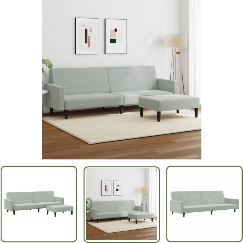 The Living Store - Schlafsofa 2-Sitzer mit Fußhocker Hellgrau Samt - Samtsofa - Schlafsofa - Sofa Mit Betfunktion - Gästebett - Wohnzimmersofa