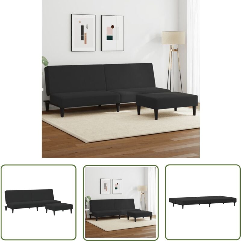 The Living Store Schlafsofa 2-Sitzer mit Fußhocker Schwarz Samt - Samtsofa - Schlafsofa - Sofa Mit Betfunktion - Gästebett - Wohnzimmersofa