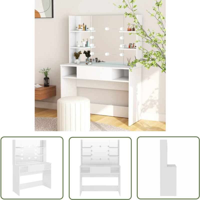 The Living Store Schminktisch mit LED-Beleuchtung 100x40x135 cm mdf Weiß - Schminktisch - led Beleuchtung - Kosmetiktisch - Makeuptisch - Weißer