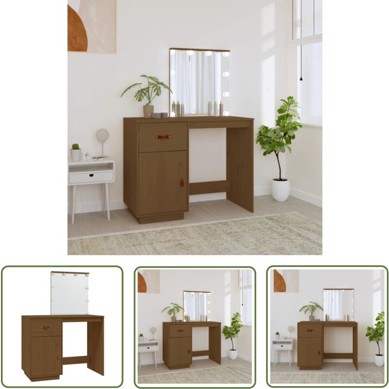 The Living Store Schminktisch mit LED Honigbraun 95x50x133,5cm Massivholz Kiefer - Schminktisch - Kosmetiktisch - Schreibtisch - Badezimmermöbel