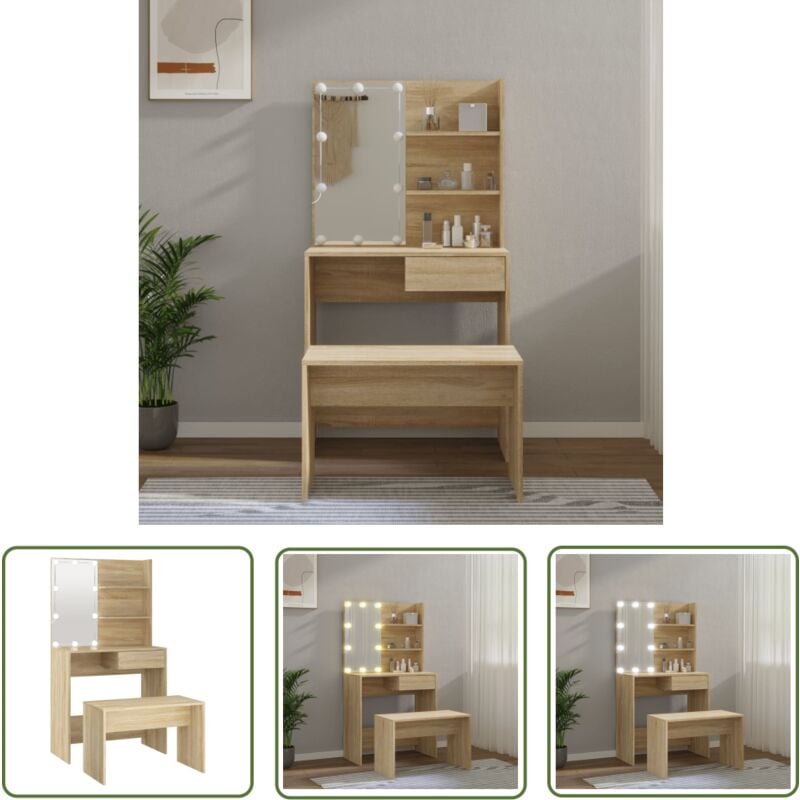 The Living Store Schminktisch-Set mit led Sonoma-Eiche Holzwerkstoff - Schminktisch - Kosmetiktisch - Schreibtisch - Makeup Tisch - led Beleuchtung